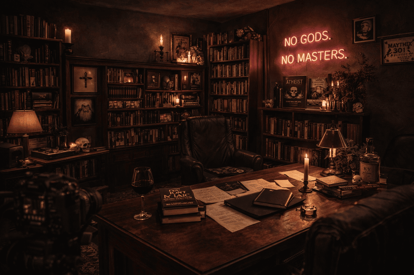 Godless Mom headquarters, a library filled with books
