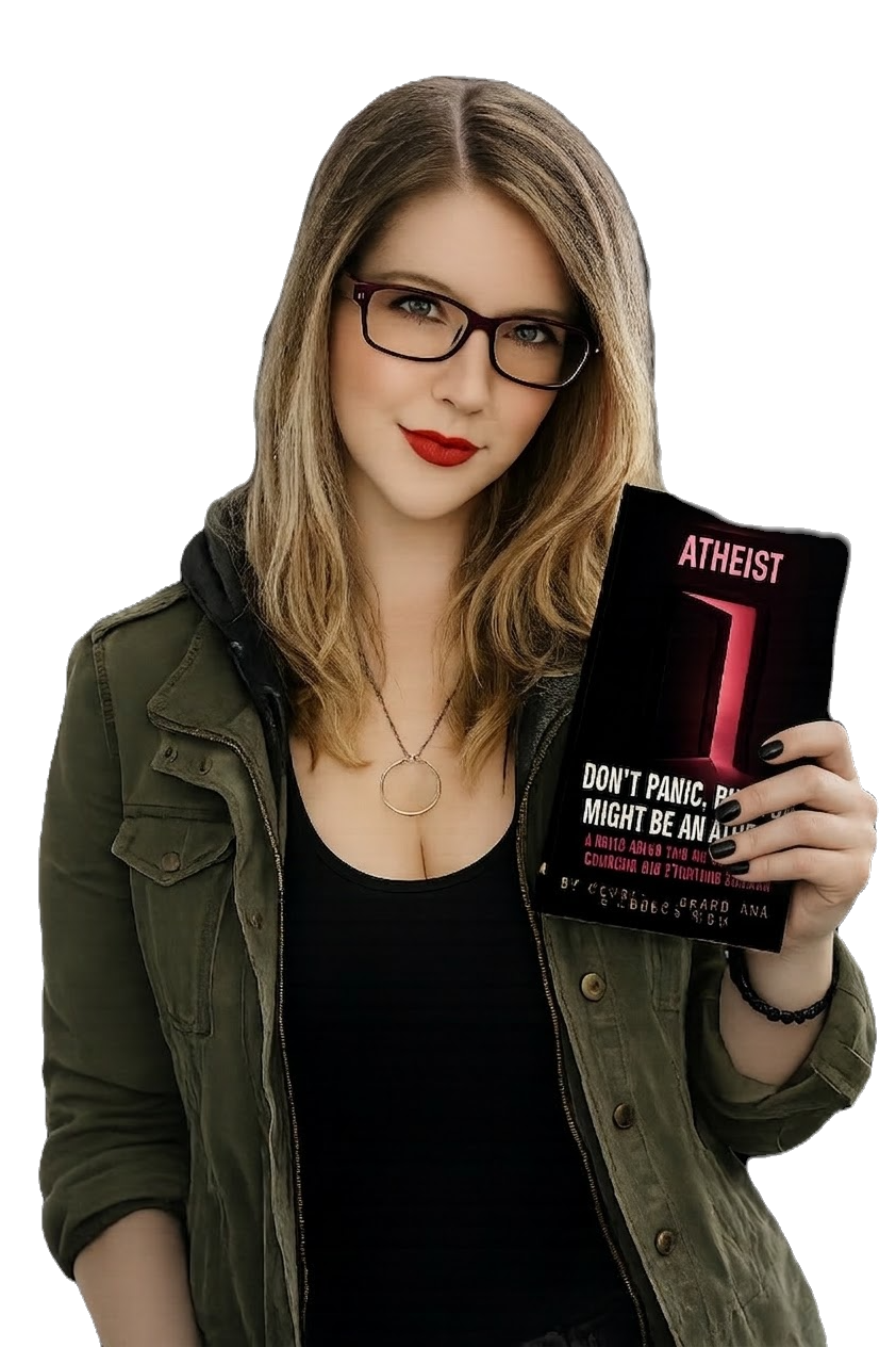 Courtney Heard holding Don't Panic, But You Might Be an Atheist